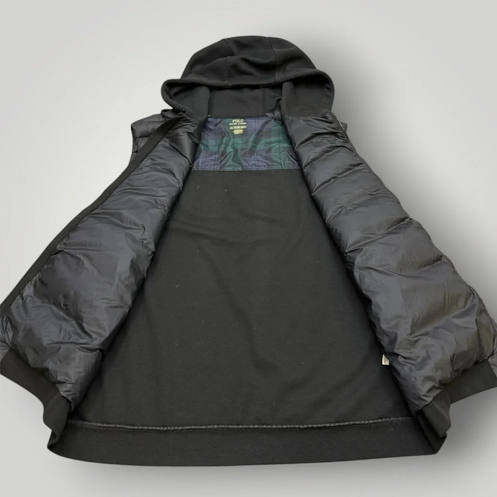 Polo Ralph Lauren Mens Black Hooded Quilted Hybrid Puffer Vest XXL Plaid Lining